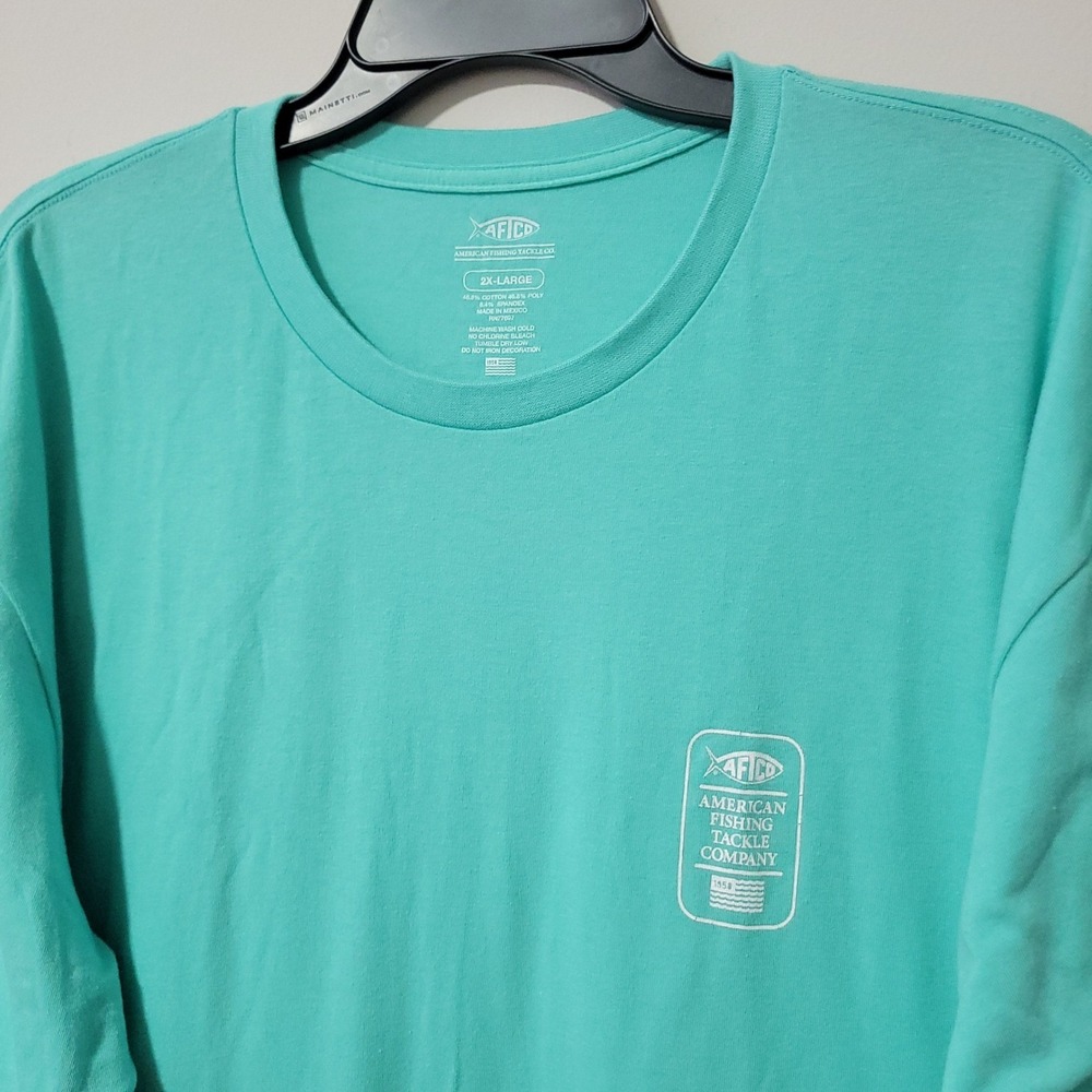 AFTCO Fishing T-Shirt Mens 2XL Aqua Teal Graphic Logo Short Sleeve Outdoor